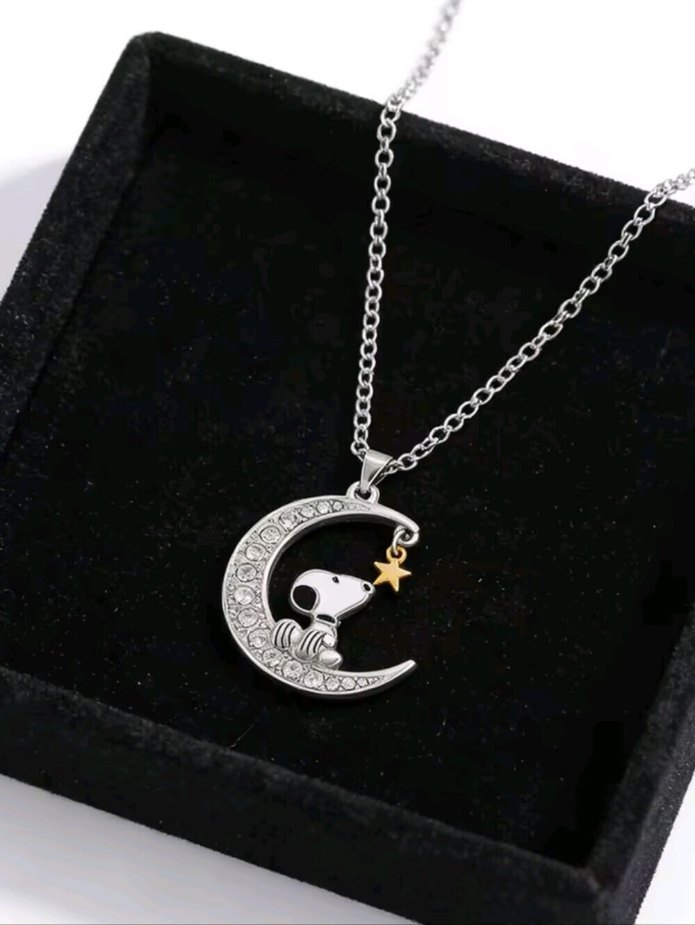 Snoopy Moon & Star Necklace Rhinestone Pendant Silver Tone 60cm Chain - Picture 7 of 9